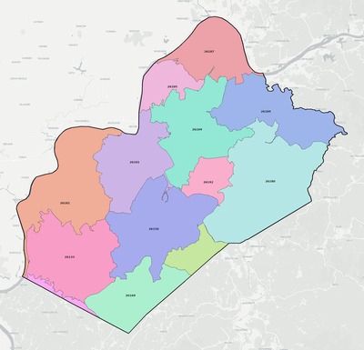 Wood County WV ZIP code boundaries map