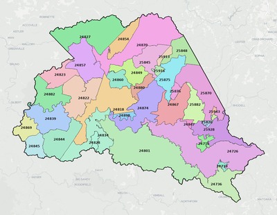 Wyoming County WV ZIP code boundaries map