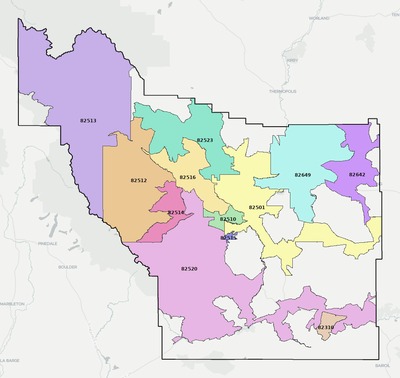 Fremont County WY ZIP code boundaries map